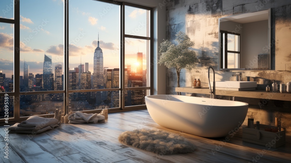 Apartment bathroom with white bathtub with city view behind panoramic window.