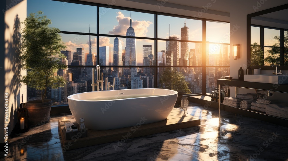 Apartment bathroom with white bathtub with city view behind panoramic window.