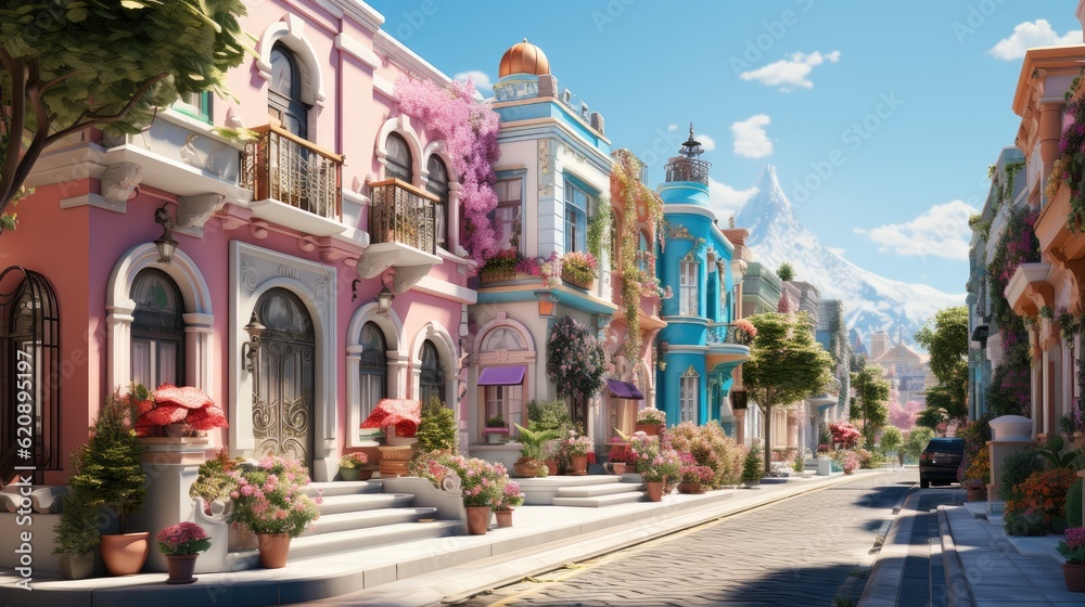 Row of colorful traditional private townhouses, Residential architecture exterior.