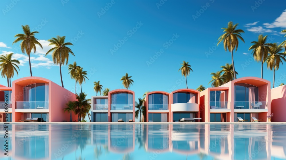 Hotel building in a minimalist style among palm trees on the coast, Summer vacation concept backgrou