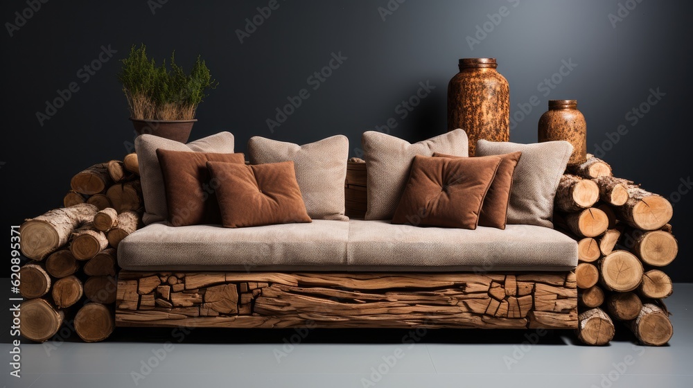 Sofa made from wooden logs in modern luxury living room, Handmade unique rustic.