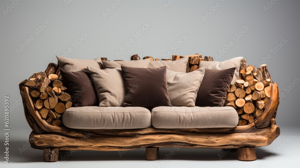 Sofa made from wooden logs in modern luxury living room, Handmade unique rustic.