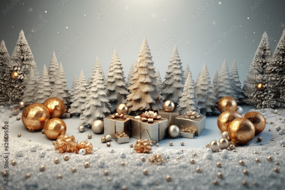 Gifts box in snow drift, Beautiful Festive Christmas snowy background, Christmas tree decorated with