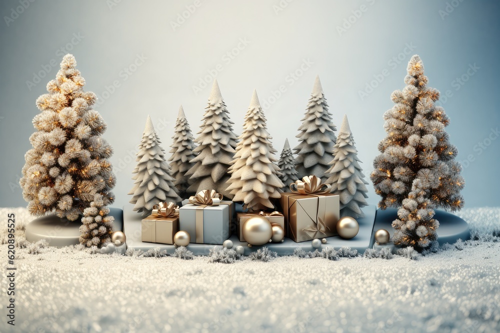 Gifts box in snow drift, Beautiful Festive Christmas snowy background, Christmas tree decorated with