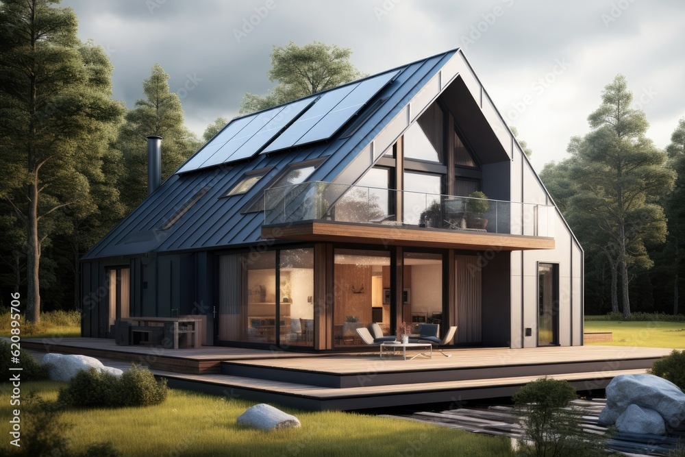 Passive house with solar panels, Sustainable Renewable Energy.