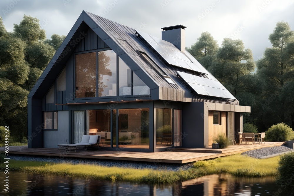 Solar panels with house, Ecological environment concept, Passive house with solar panels.