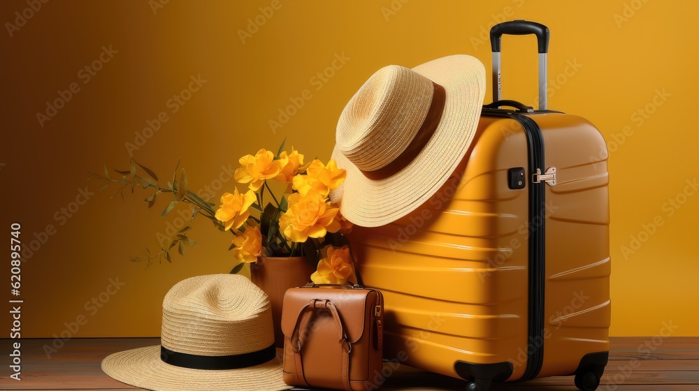 Yellow suitcase and straw hats, Travel and vacation concept, Stylish luggage bag on yellow backgroun