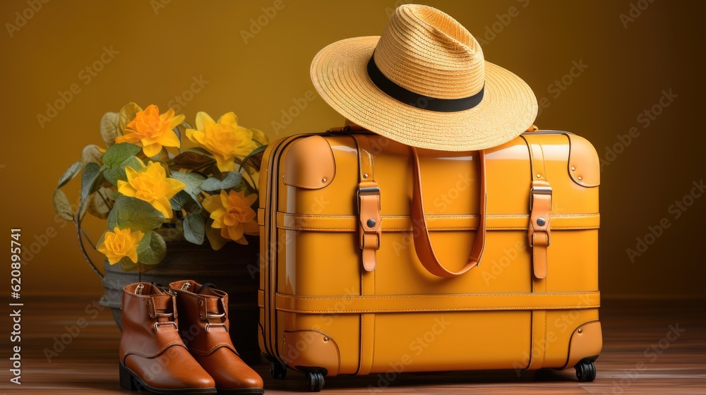 Yellow suitcase and straw hats, Travel and vacation concept, Stylish luggage bag on yellow backgroun