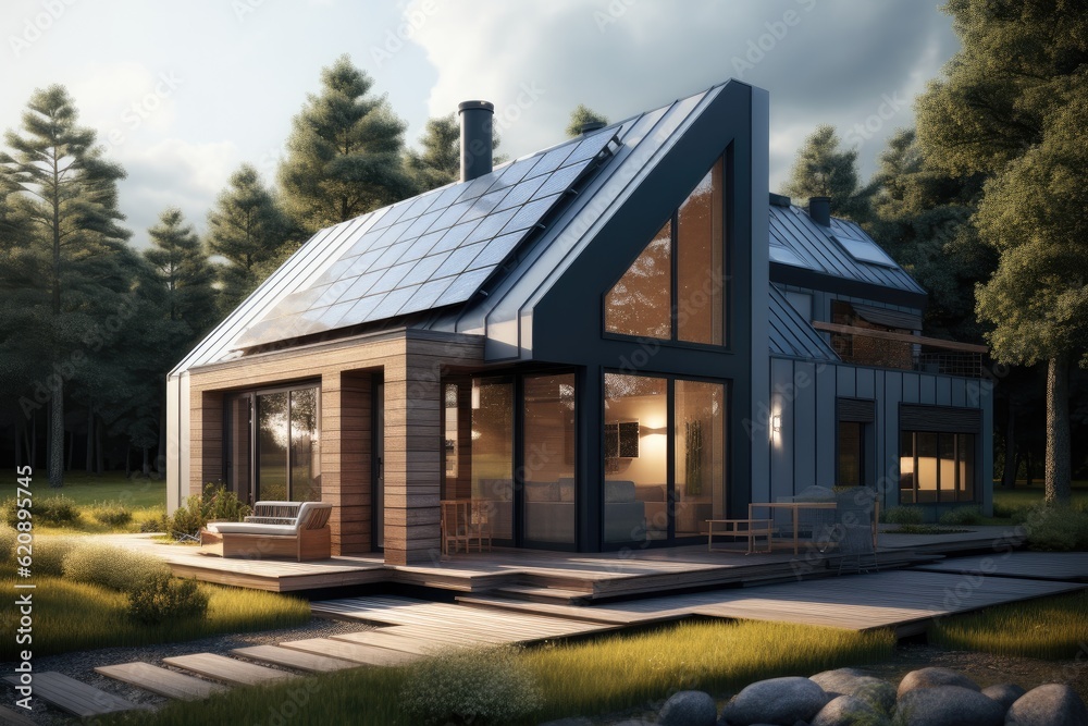 Passive house with solar panels, Sustainable Renewable Energy.