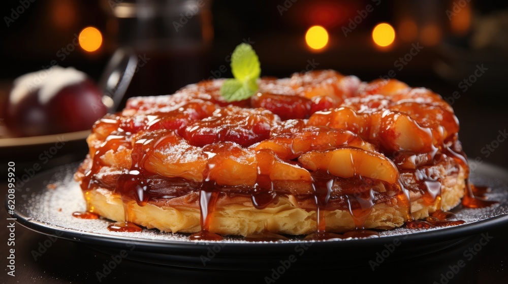 Traditional french apple pie with caramelized apples on table background, Apple tarte tatin with car