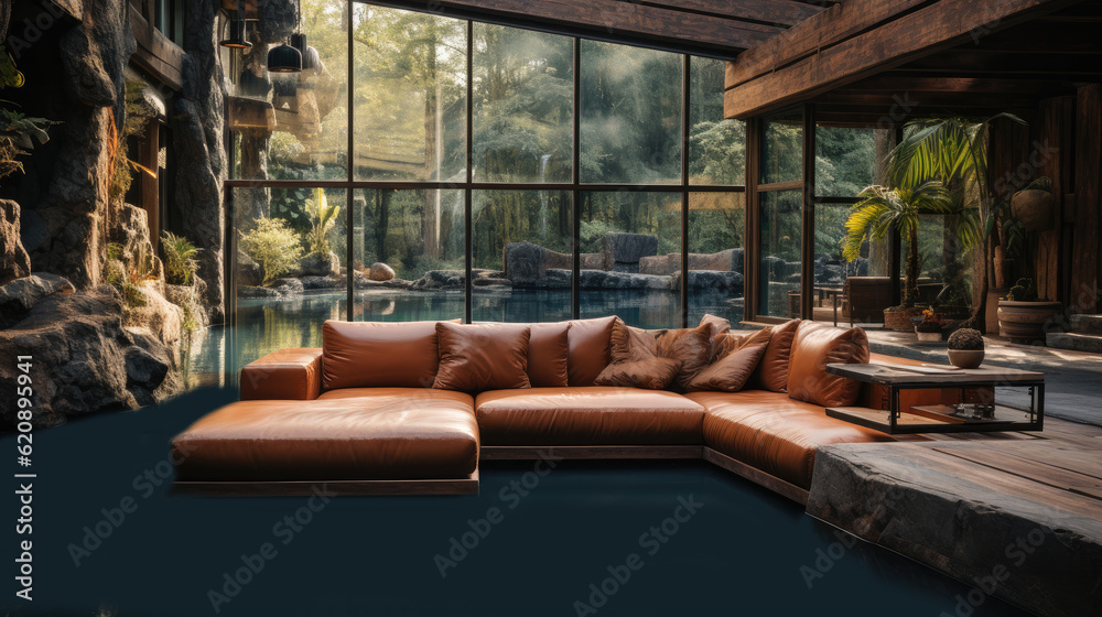 Sofa in living room with swimming pool view, Interior design of modern elegant living room in luxury