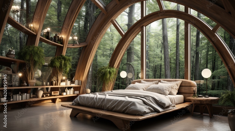 Interior design of modern bedroom and ellipse shaped windows with nature view, Wooden bed, Wooden fu