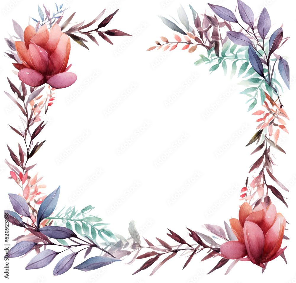 Watercolor floral frame. Illustration AI Generative.