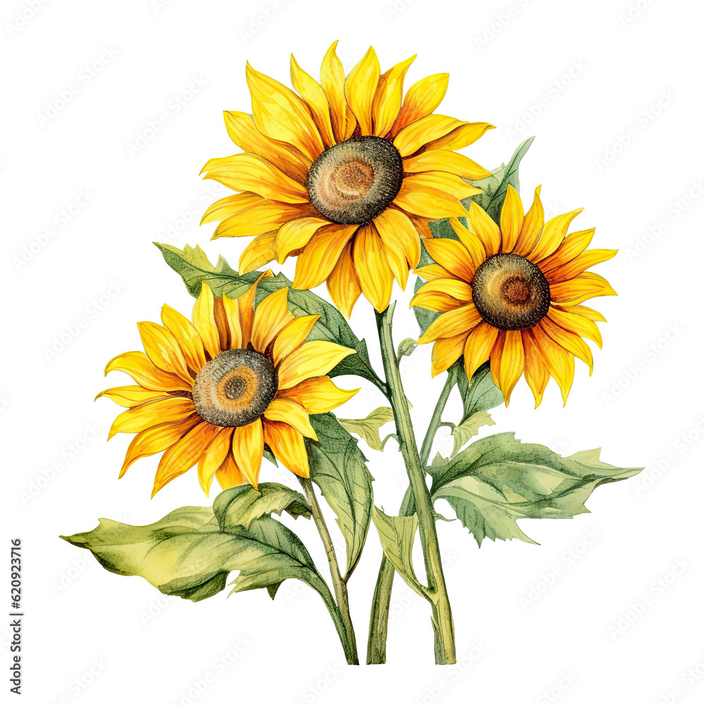 Sunflower watercolor isolated. Illustration AI Generative.