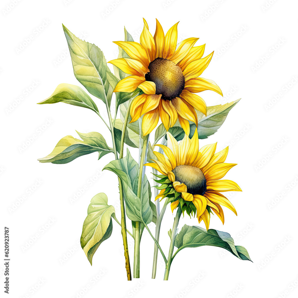 Sunflower watercolor isolated. Illustration AI Generative.