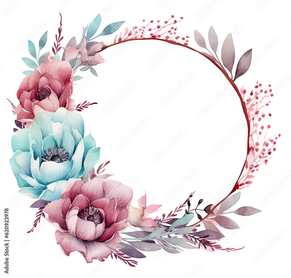 Watercolor floral frame. Illustration AI Generative.