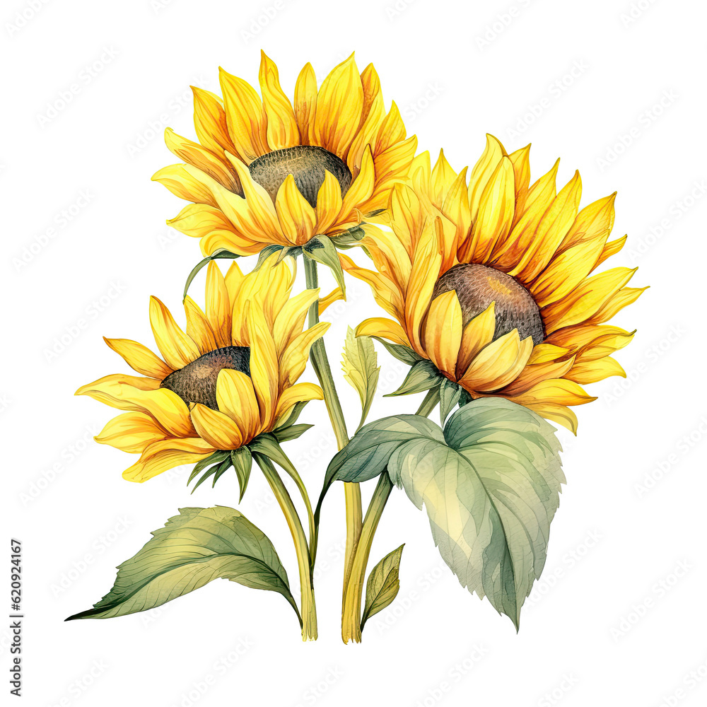 Sunflower watercolor isolated. Illustration AI Generative.