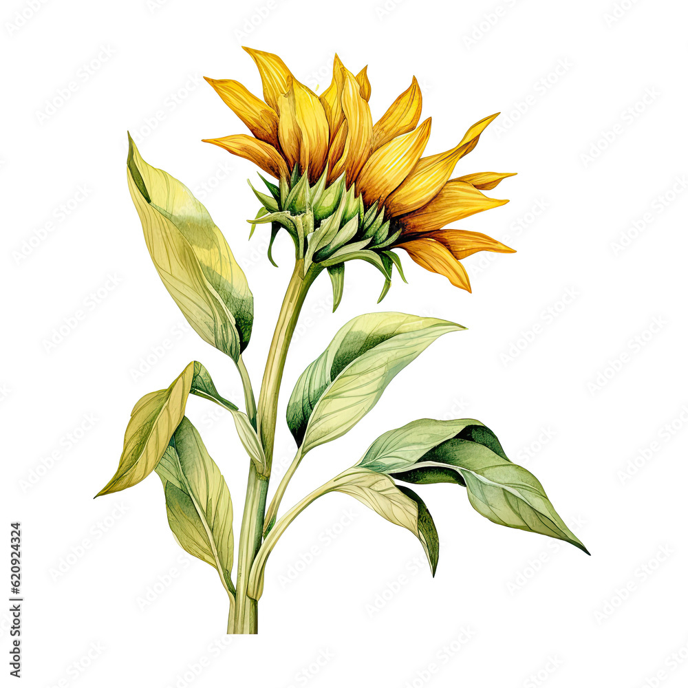 Sunflower watercolor isolated. Illustration AI Generative.