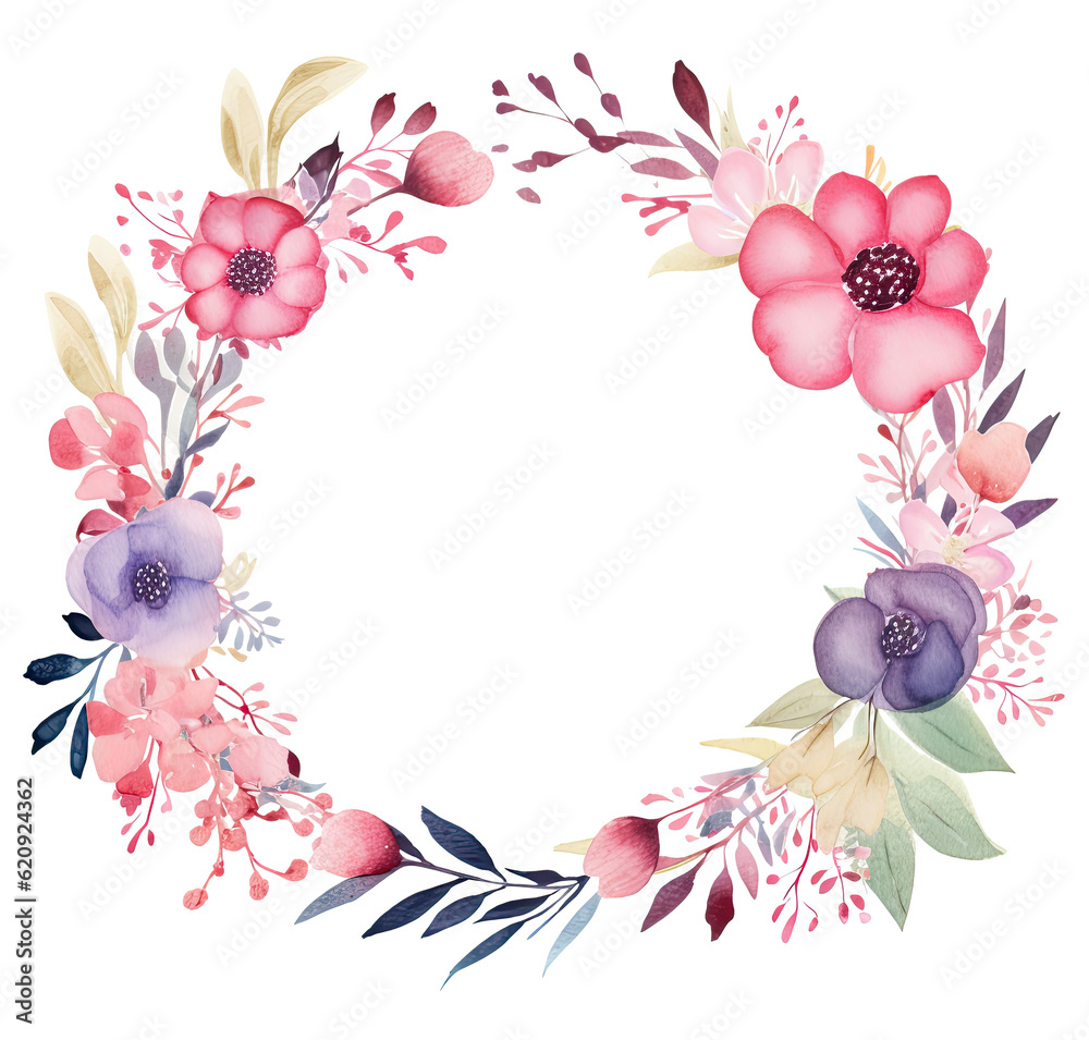 Watercolor floral frame. Illustration AI Generative.