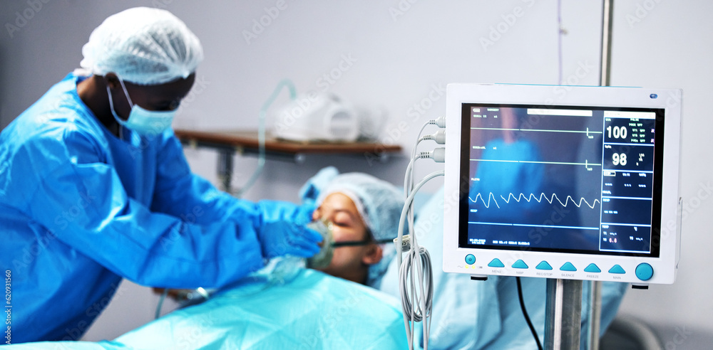 Healthcare, doctor and patient in oxygen mask with monitor for surgery, emergency care and hospital.