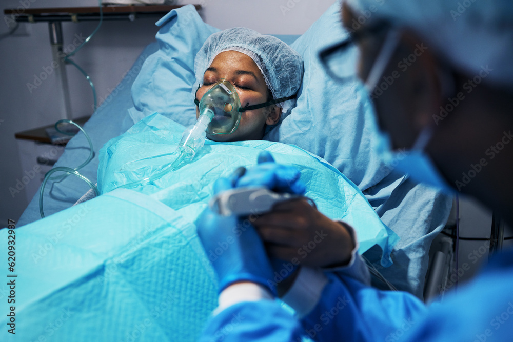 Hope, doctor and patient holding hands after surgery, emergency care and empathy, woman in hospital.