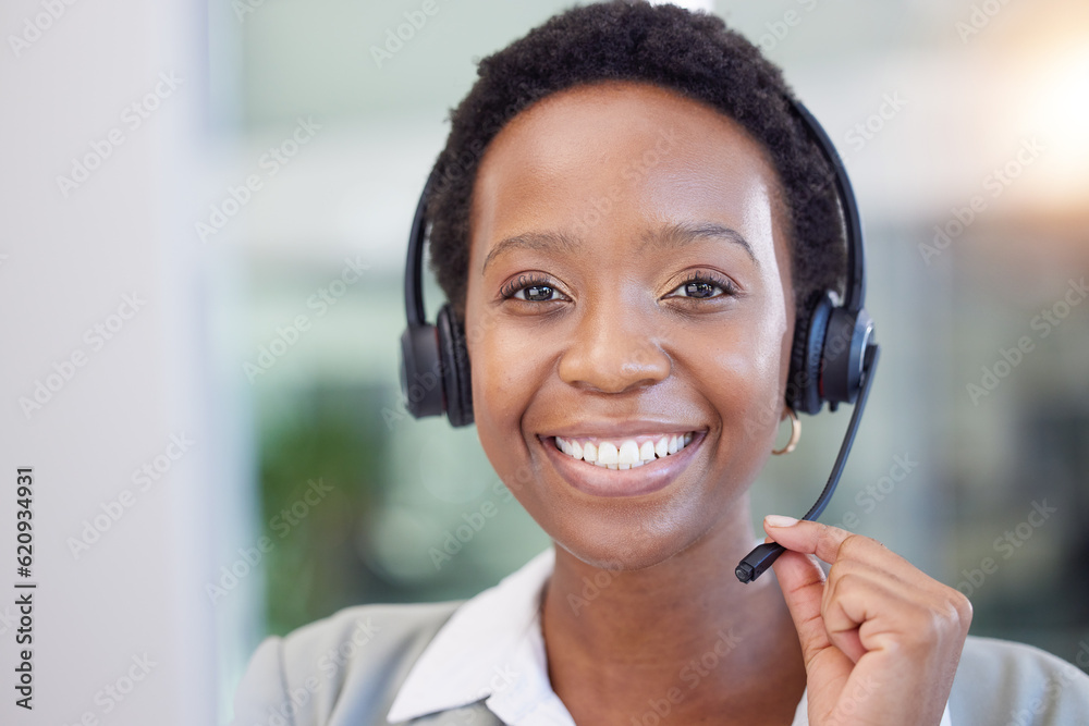 Black woman, telemarketing and smile for communication, customer support or contact in call center f