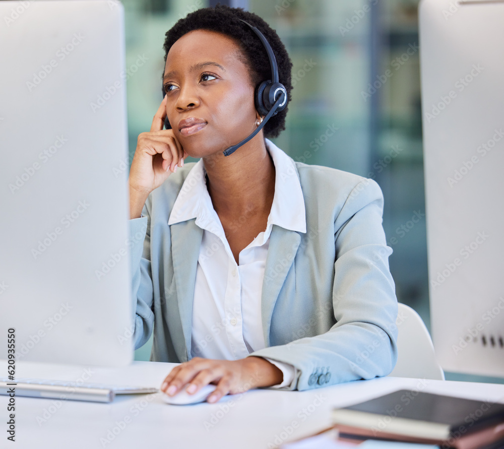 Stress, call center and black woman frustrated by faq, customer service or internet delay in office.