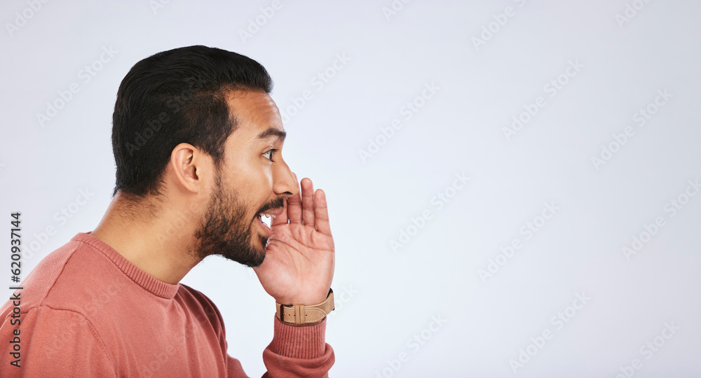 Hand, secret and asian man in studio with whisper sign for announcement, promo or news on grey backg