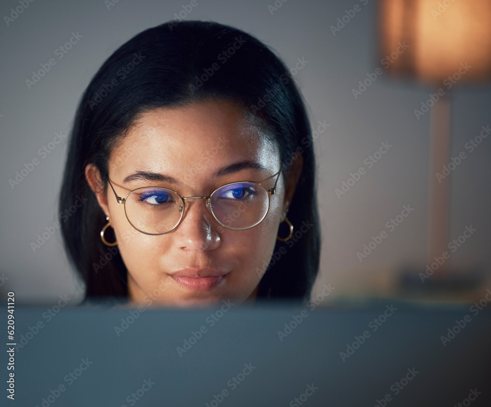 Glasses, focus and woman journalist writing on a computer, online and social media news update or a 