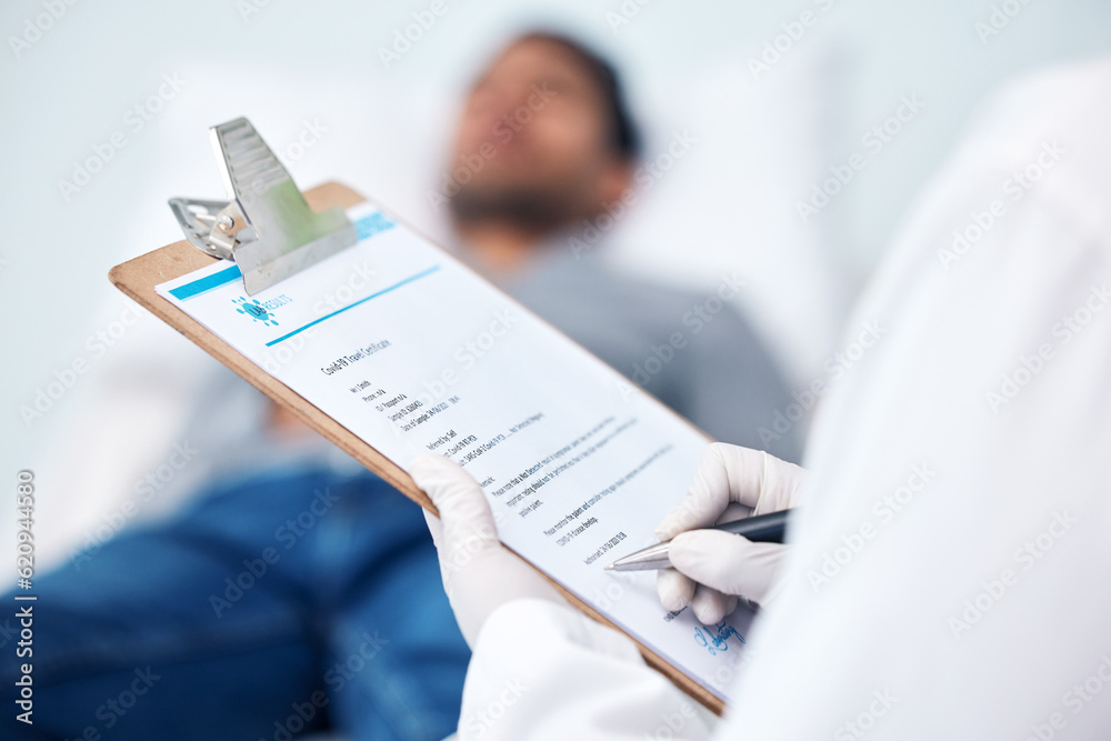 Clipboard, hands and doctor with medical report for a patient on a hospital or clinic bed for health