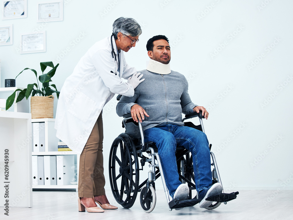 Hospital, injury and doctor with man in wheelchair for medical emergency, accident and surgery. Heal