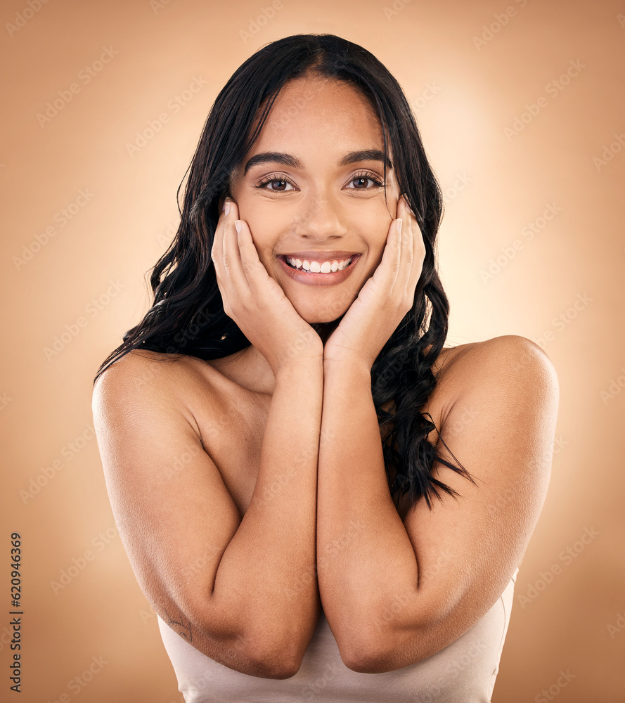 Portrait, happy woman and skincare touch for beauty isolated on a brown background in studio. Face, 