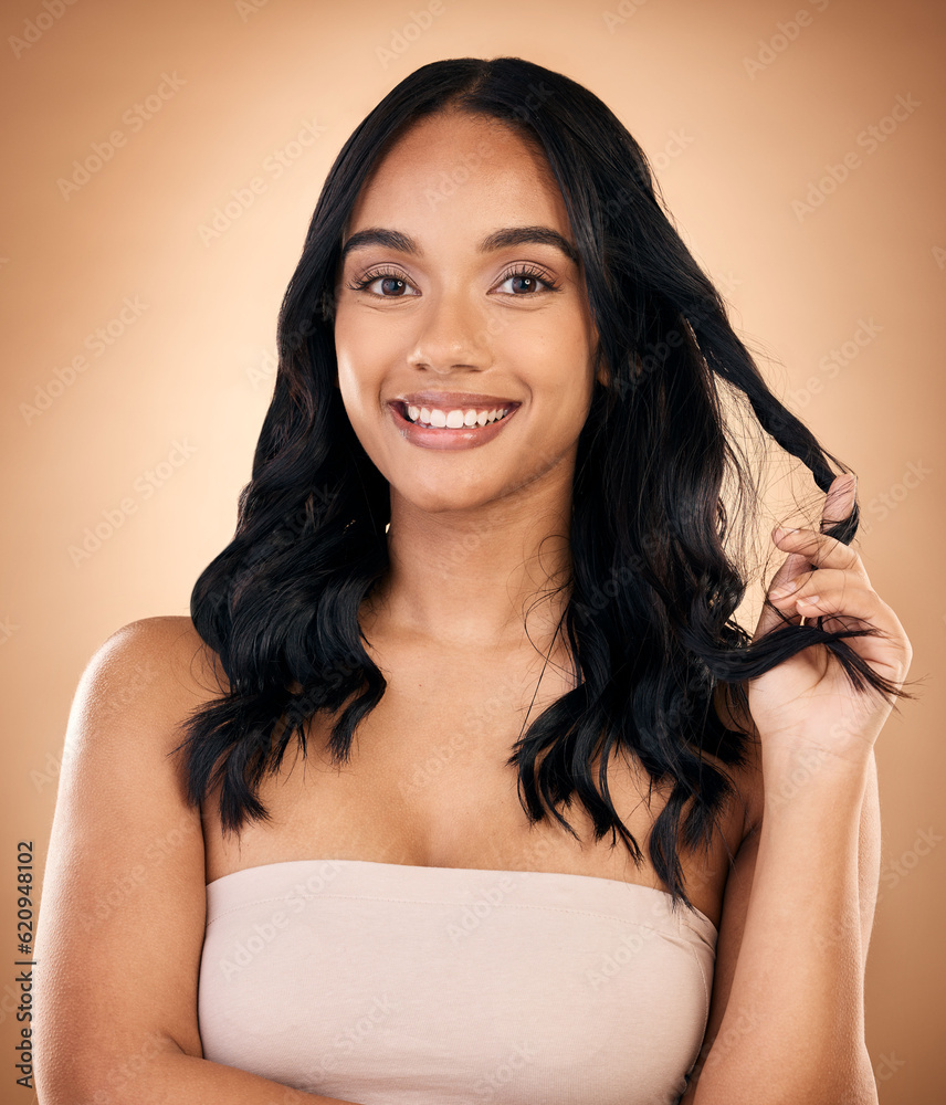 Portrait, hair and aesthetic with a model woman in studio on a brown background for shampoo treatmen