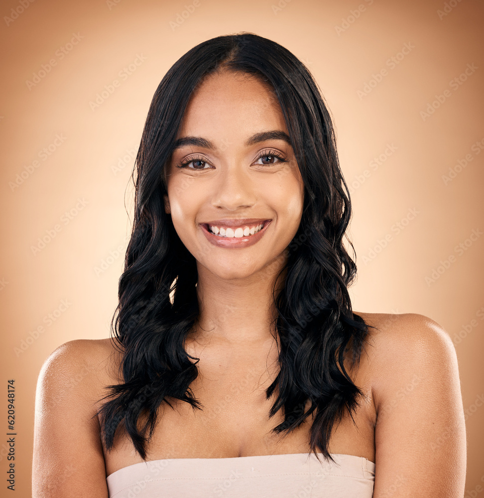 Portrait, hair and salon with a model woman in studio on a brown background for shampoo treatment. S