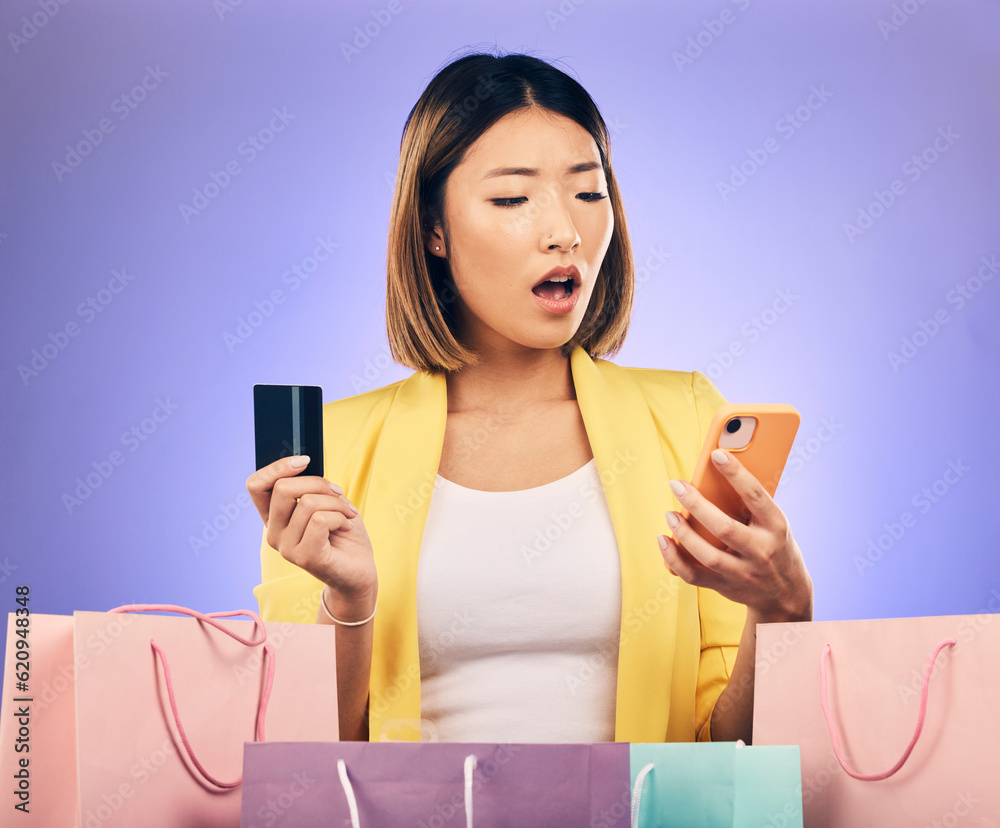 Credit card, phone and woman stress, surprise or shocked for online shopping scam, news or fintech p