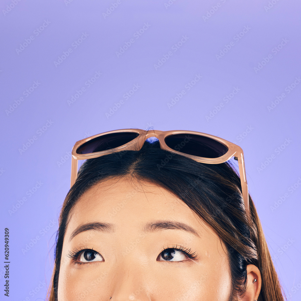 Thinking, face and woman with sunglasses for summer, vacation or idea for holiday on purple studio b