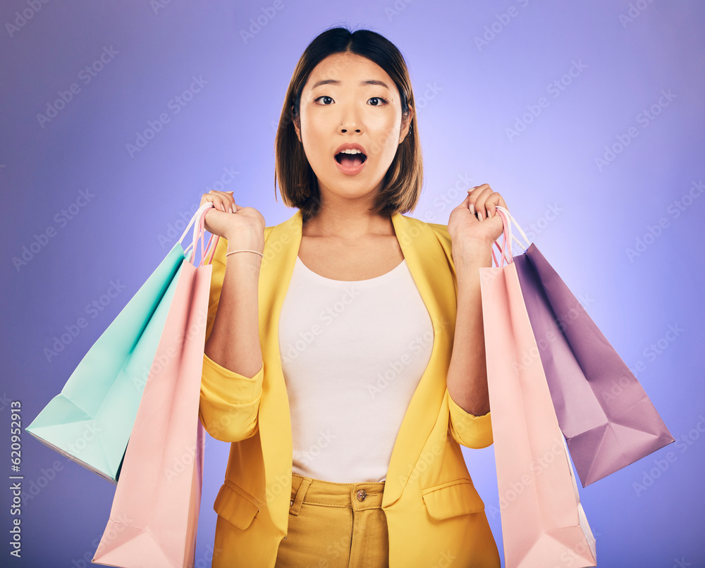 Wow, surprise and portrait of woman with shopping bag from a sale, promotion or customer with deal o