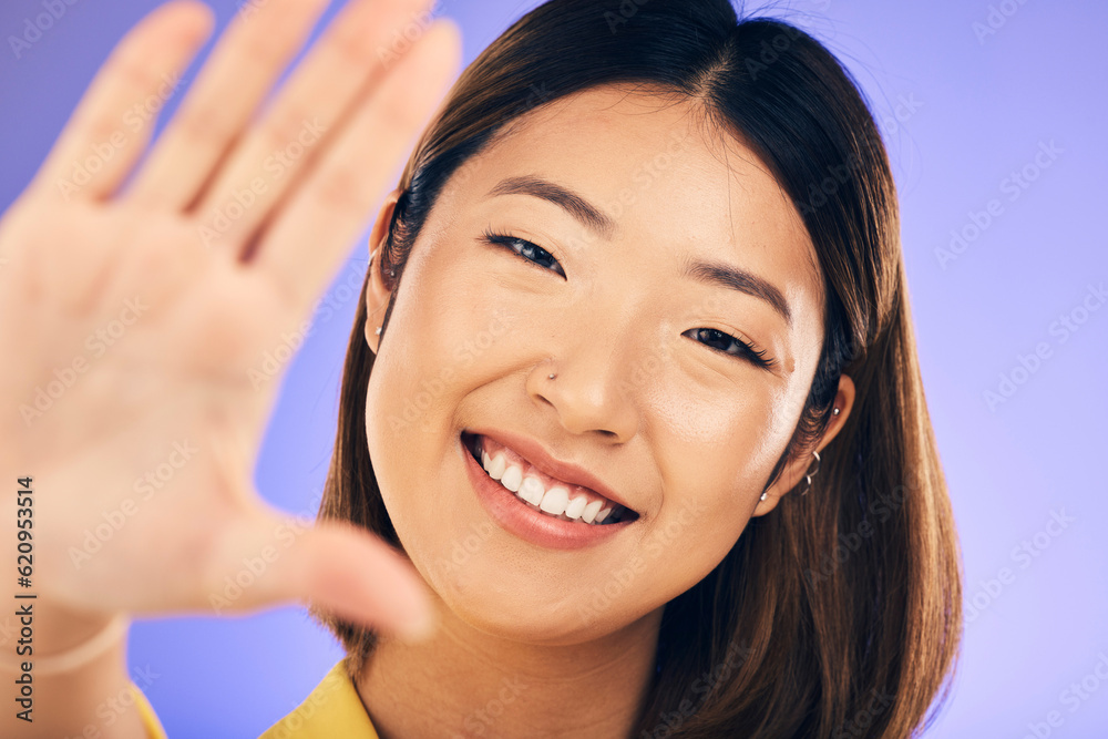 High five, hand and portrait of woman with support, care or gesture for motivation, success and happ