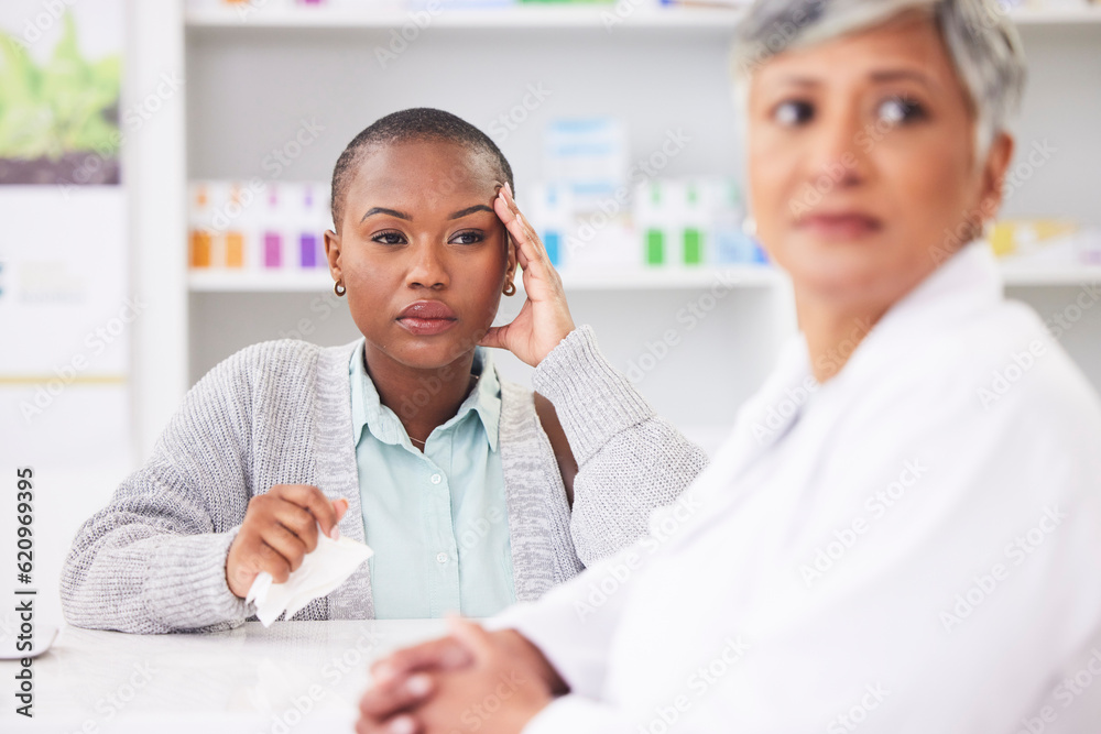 Consultation, pharmacy and a black woman with a headache and a doctor for healthcare advice. Support