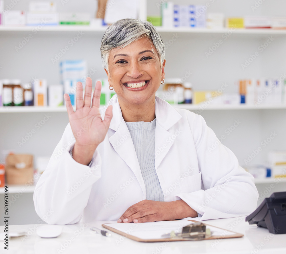 Pharmacist, portrait and hand of woman for hello at pharmacy counter for friendly service with a smi