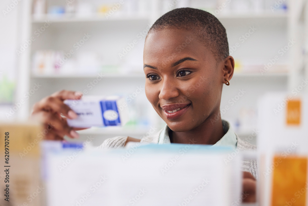 Medicine, pills and shopping with black woman in pharmacy for medical, search and information. Healt