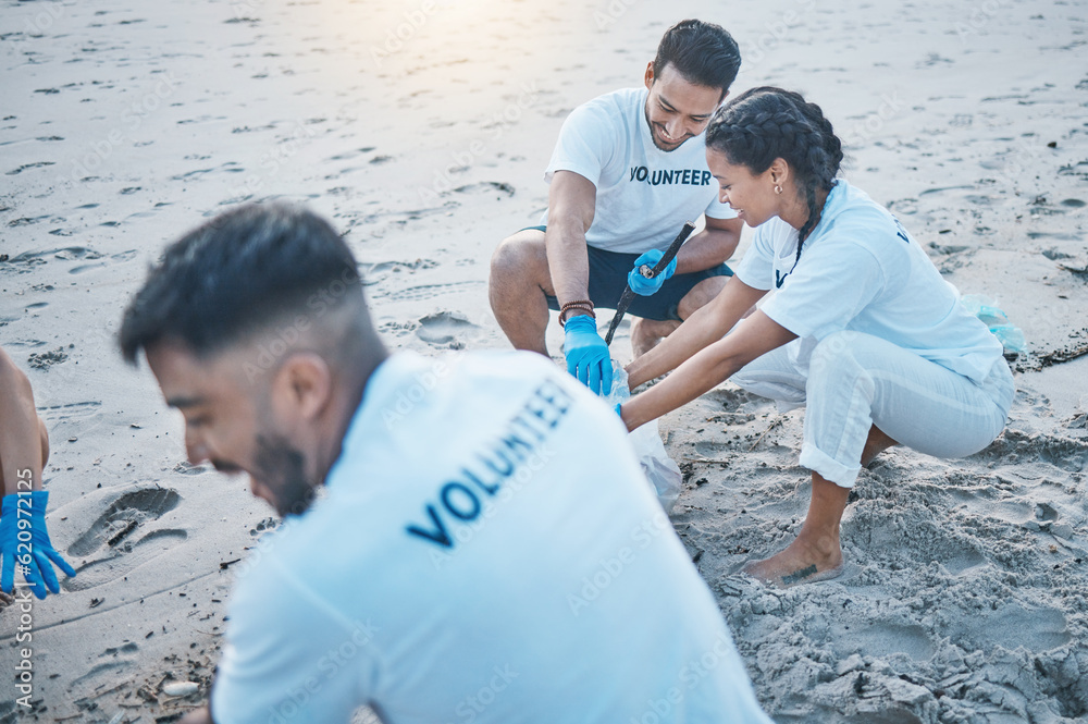 Charity, teamwork and cleanup at beach for recycling in environment with help for community. Volunte