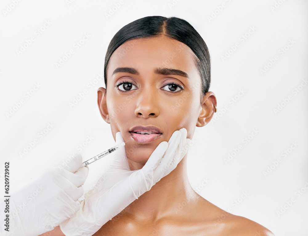 Injection, scared and portrait of woman with face filler of beauty process on white background in st