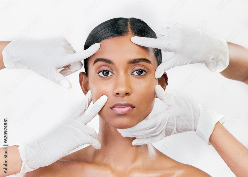 Hands, face and woman, beauty and plastic surgery, inspection and skincare isolated on white backgro