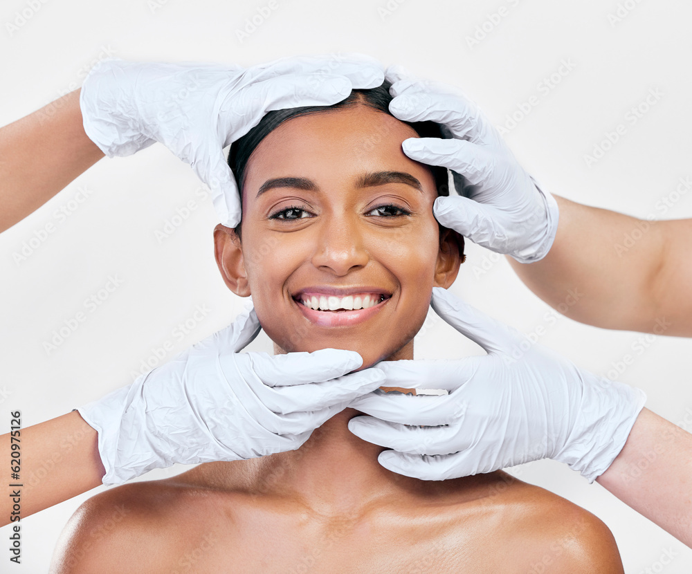 Woman, plastic surgery and gloves in studio portrait with smile for skin, inspection or change by wh