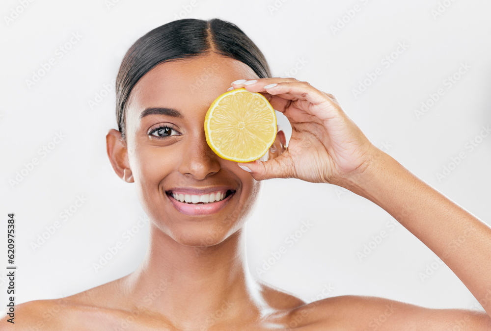 Happy, lemon and portrait of a woman for nutrition, beauty glow or vitamin c for skincare. Smile, we