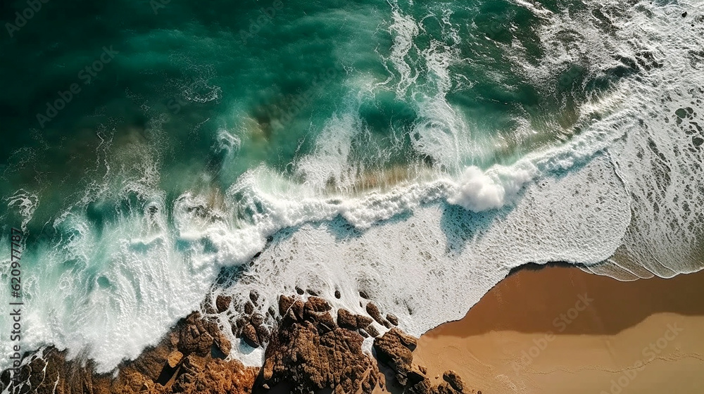 overhead view of crashing waves on the shoreline