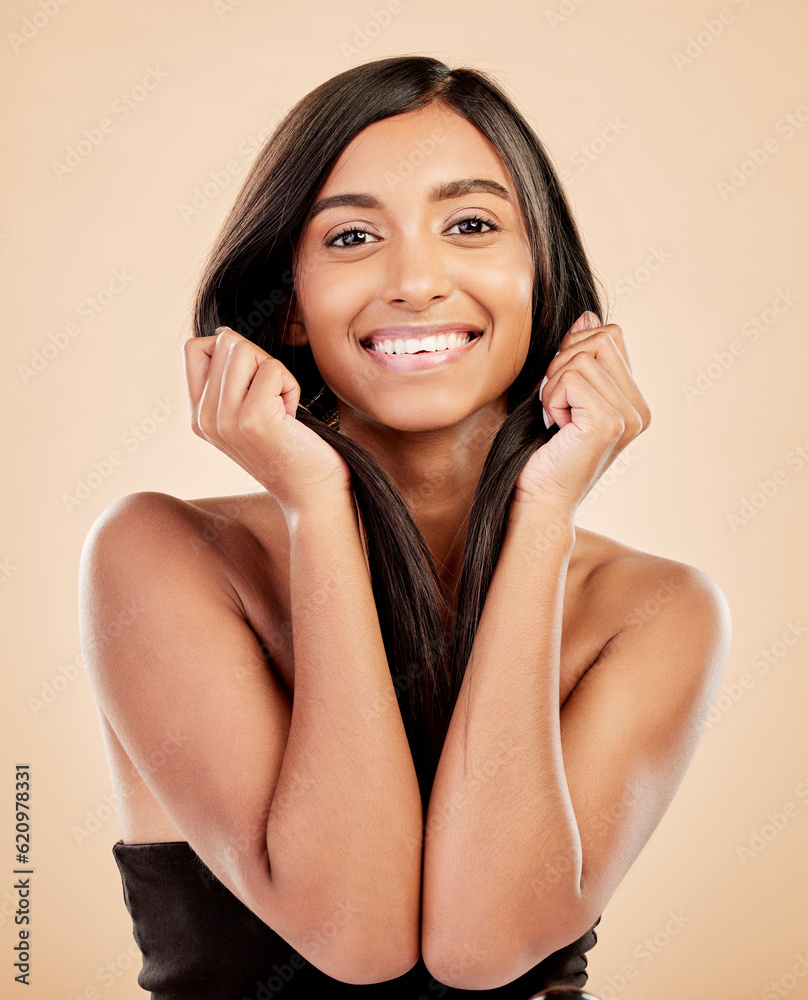 Hair, face and woman with beauty, cosmetics and keratin treatment isolated on studio background. Fem