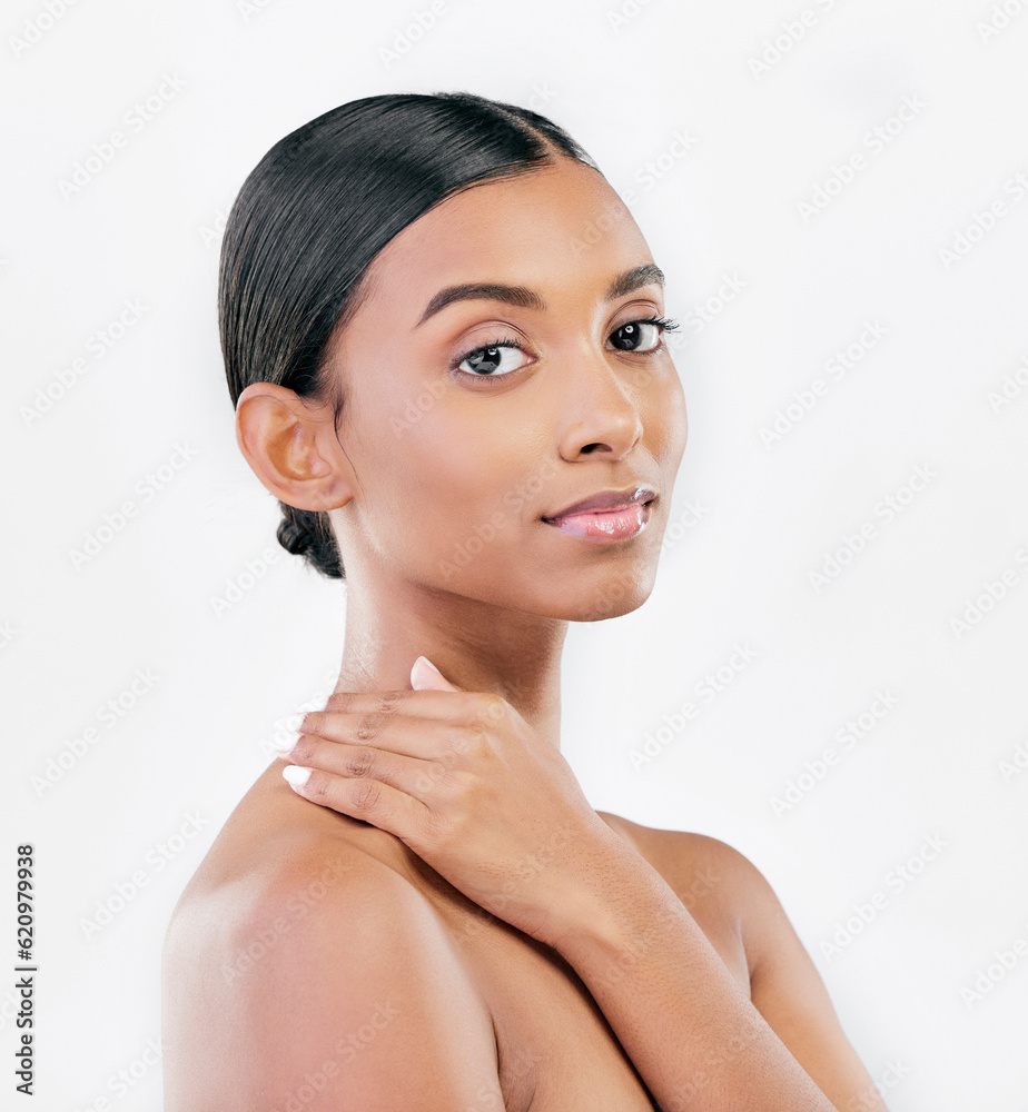 Touch, beauty and face portrait of a woman with natural skin glow isolated on a white background. De