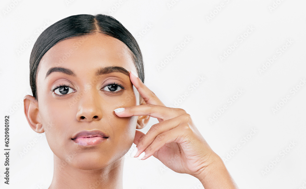 Beauty, hand on face and portrait of a woman with natural skin glow isolated on a white background. 